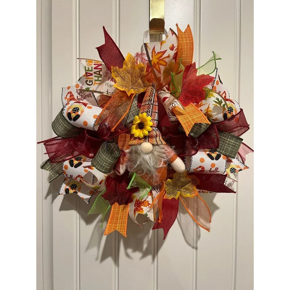 13 inch Ribbon Wreath Fall Autumn Thanksgiving Gnome MW5